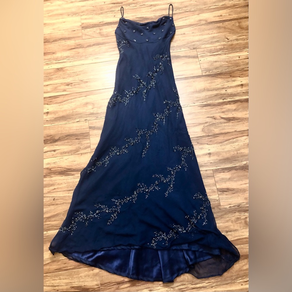 Glamorous navy blue floor length dress w shimmering embellishments